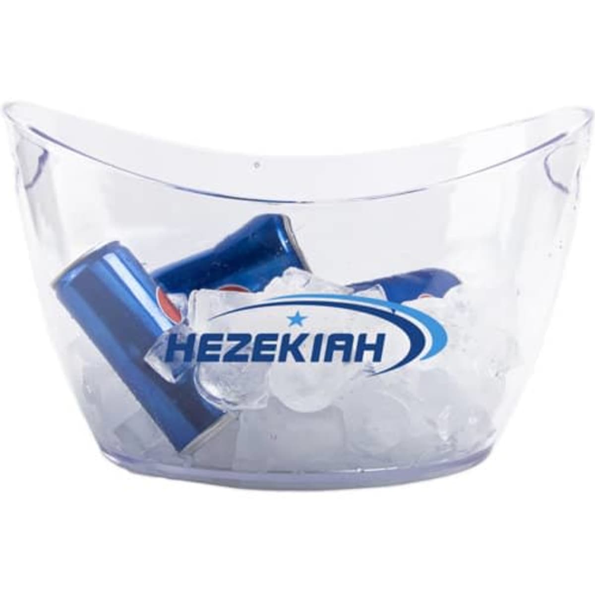 A clear ice bucket shaped like an ingot, filled with ice and blue cans inside. It features a logo.