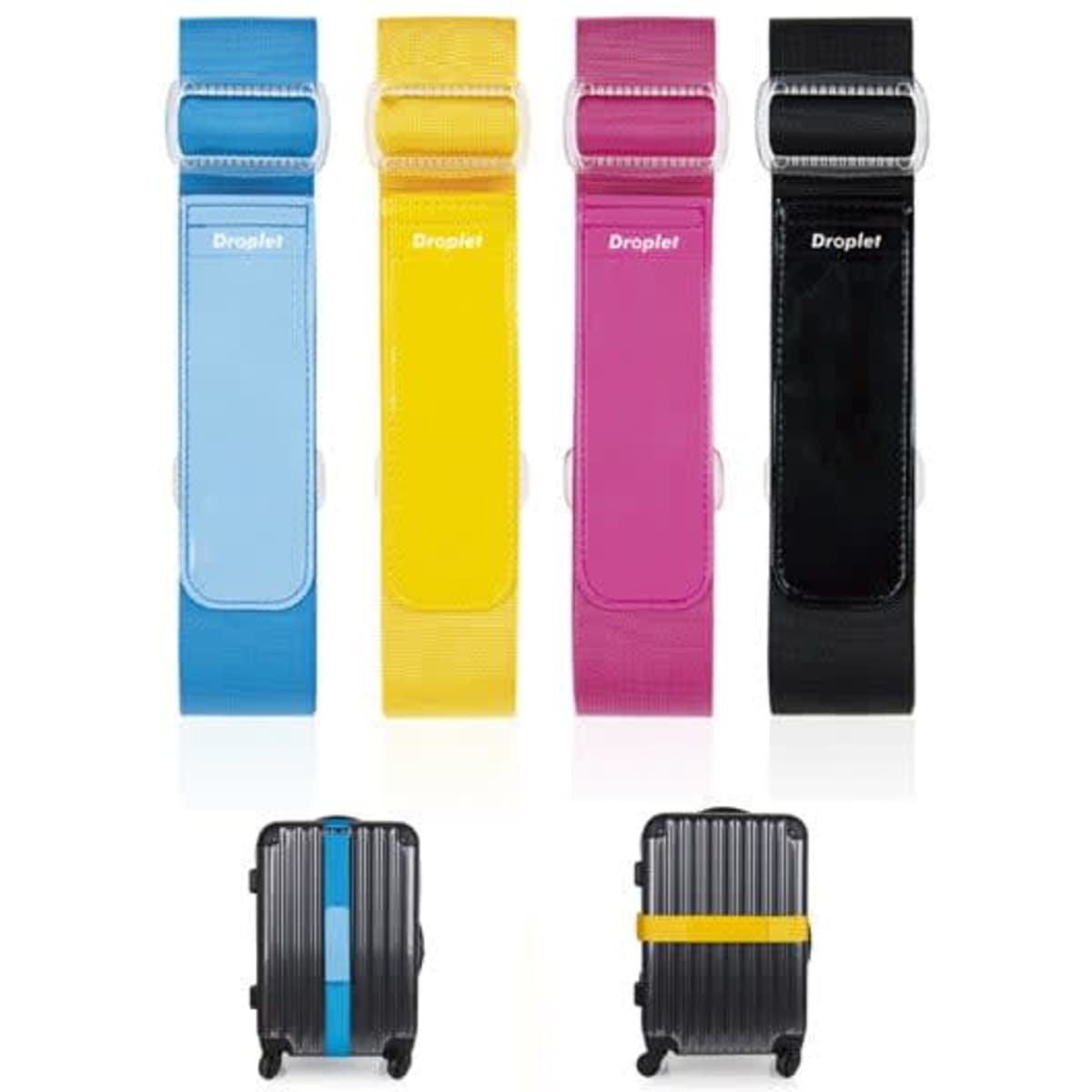 Durable nylon luggage straps in blue, yellow, pink, and black, featuring a logo, displayed with a black suitcase.