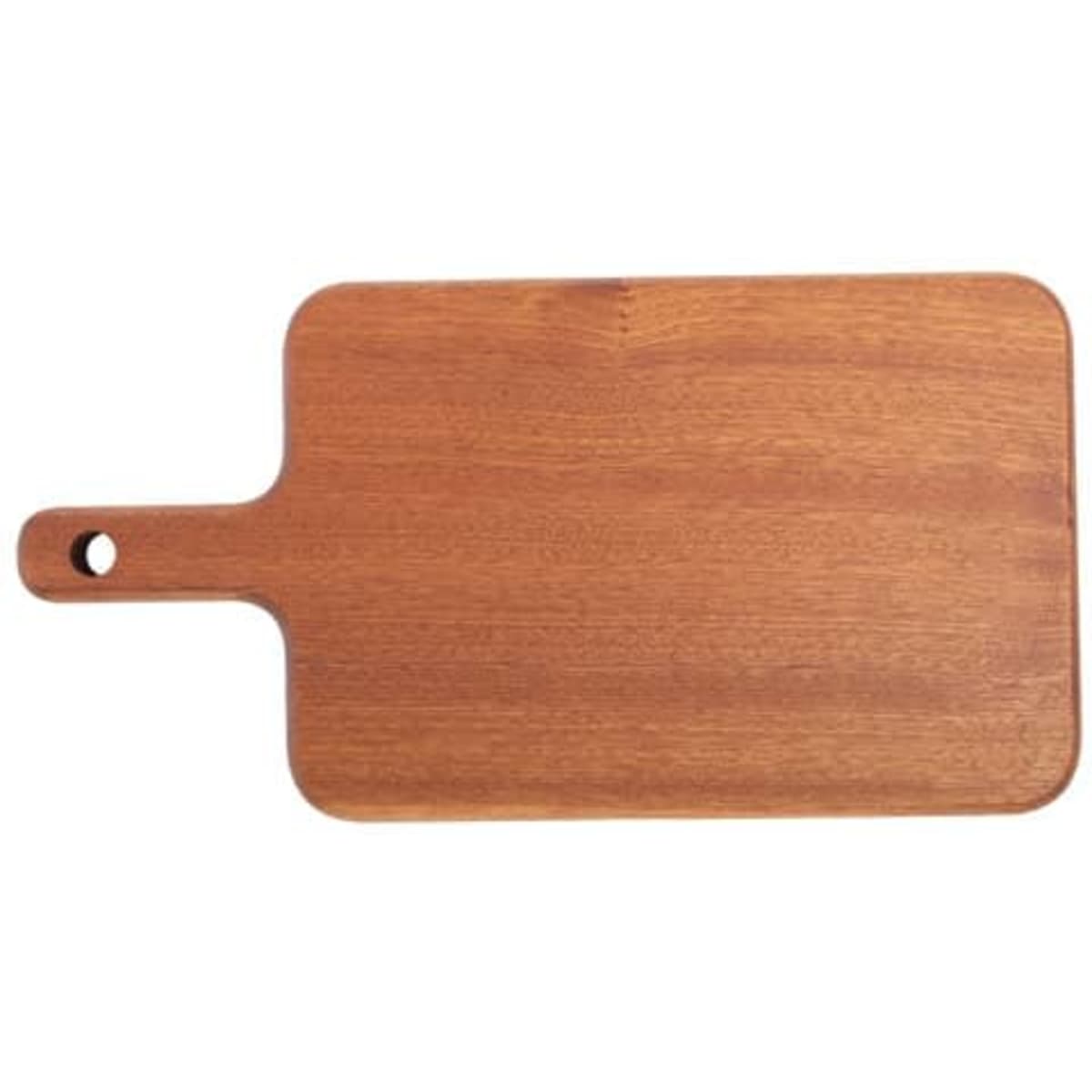 A wooden chopping board with a handle, featuring a smooth surface in a rich brown colour.