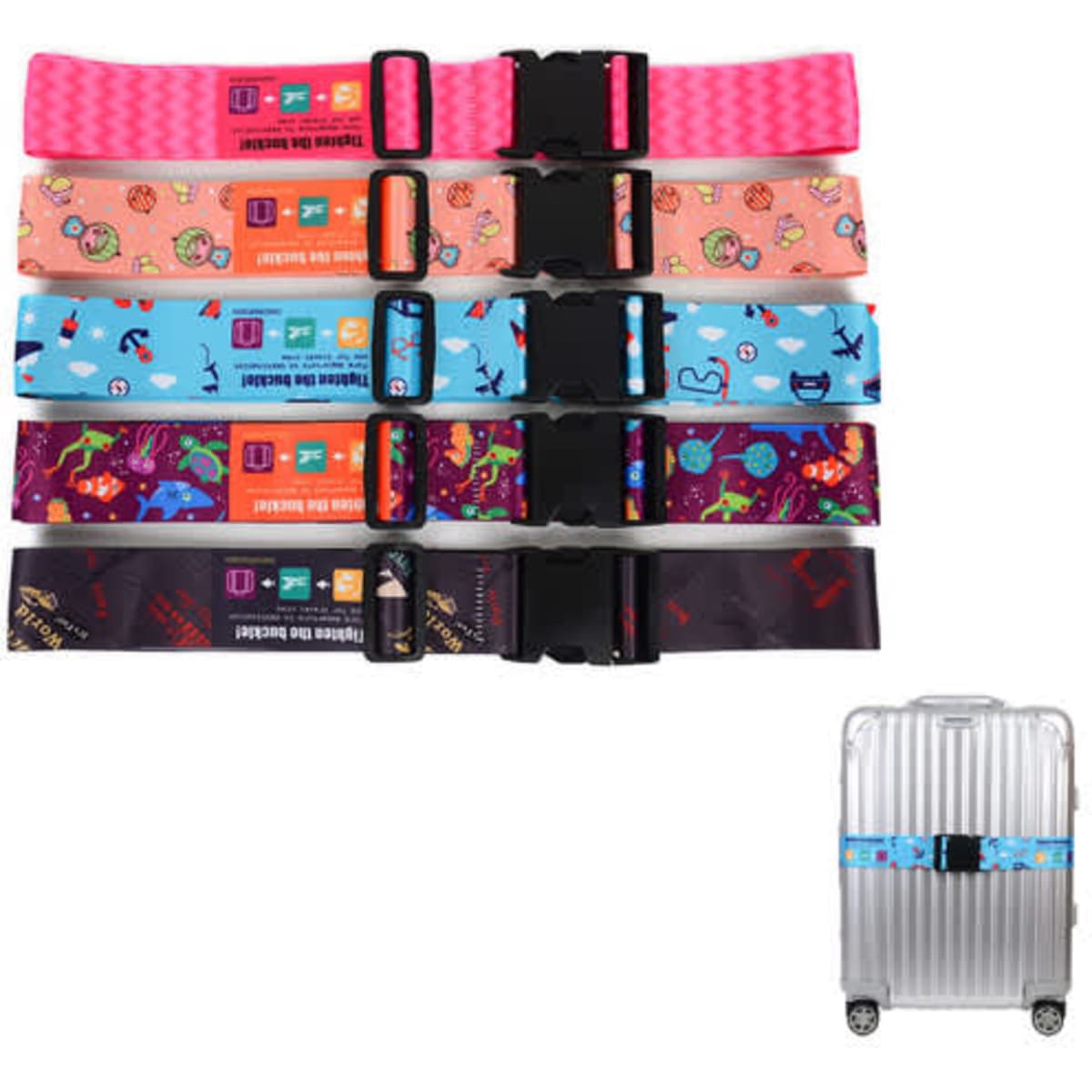 Multiple custom polyester luggage straps in various colours and patterns, featuring plastic buckles and a logo.