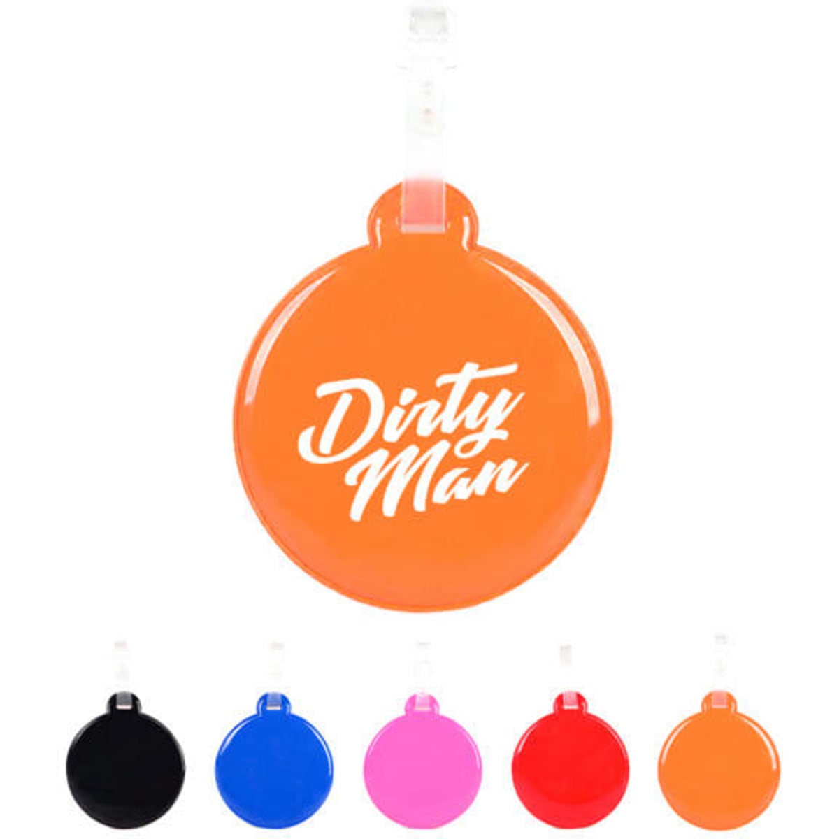 A round, orange PVC luggage tag with a white logo, displayed with tags in black, blue, pink, and red.
