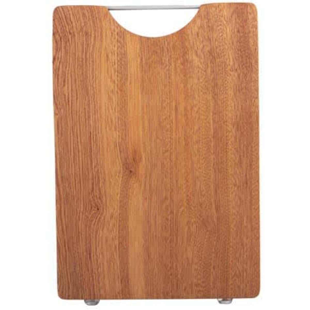 A wooden cutting board with a stainless steel handle, featuring a natural wood finish and a smooth surface.