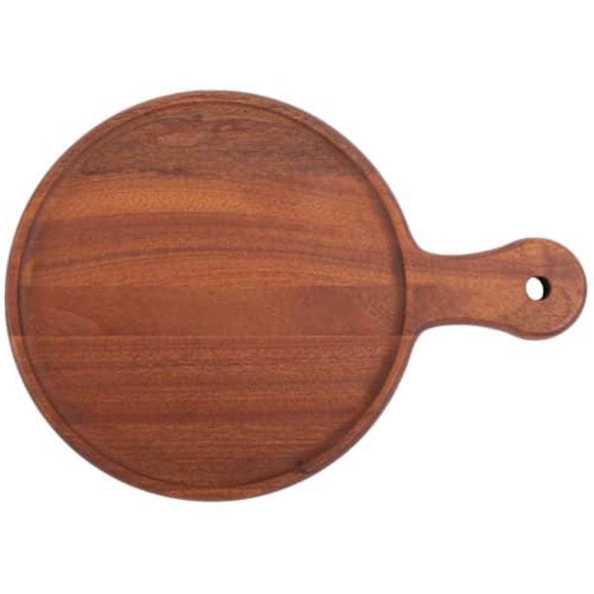 A round, engraved wooden pizza tray in a rich brown hue with a handle and a hole for hanging.