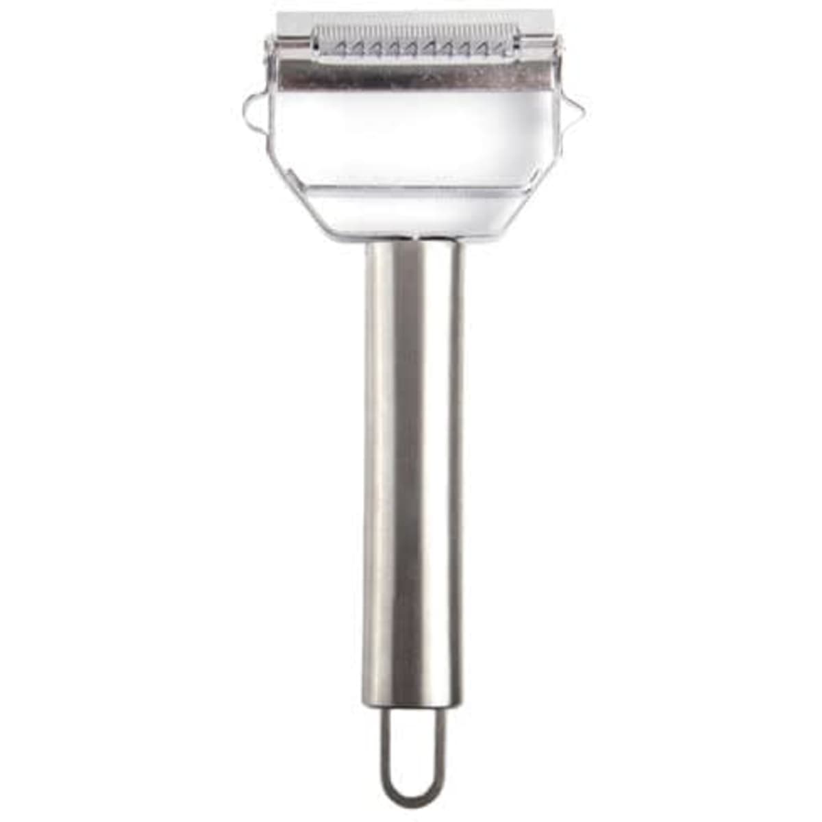 A stainless steel vegetable peeler with a dual blade design and a sturdy handle. The peeler has a sleek, shiny finish.