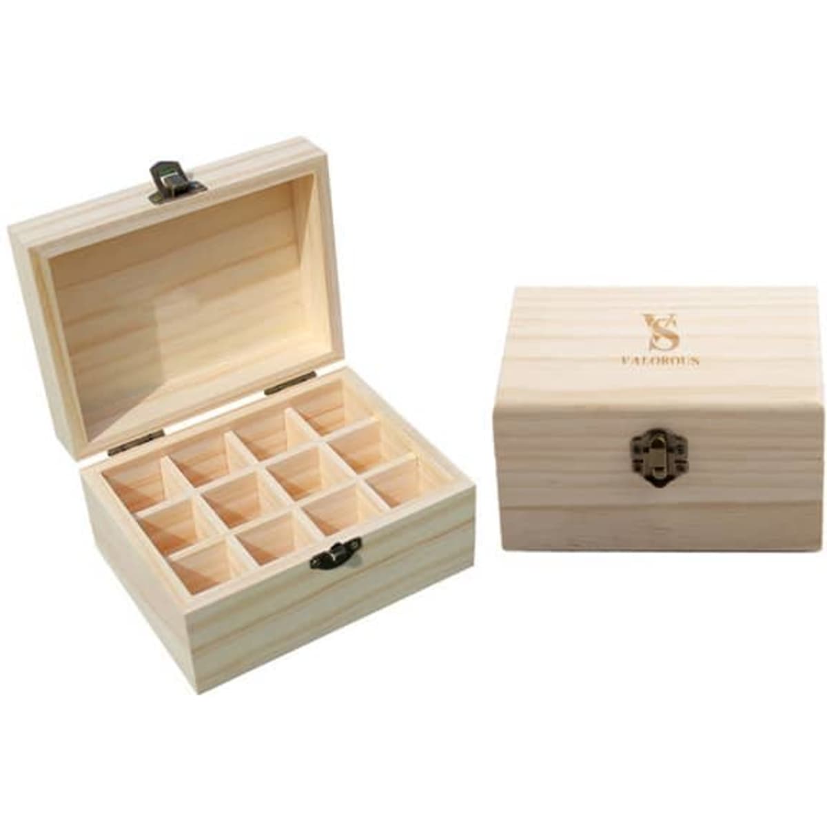 A light wooden box featuring a hinged lid, with twelve compartments inside and a decorative clasp closure.