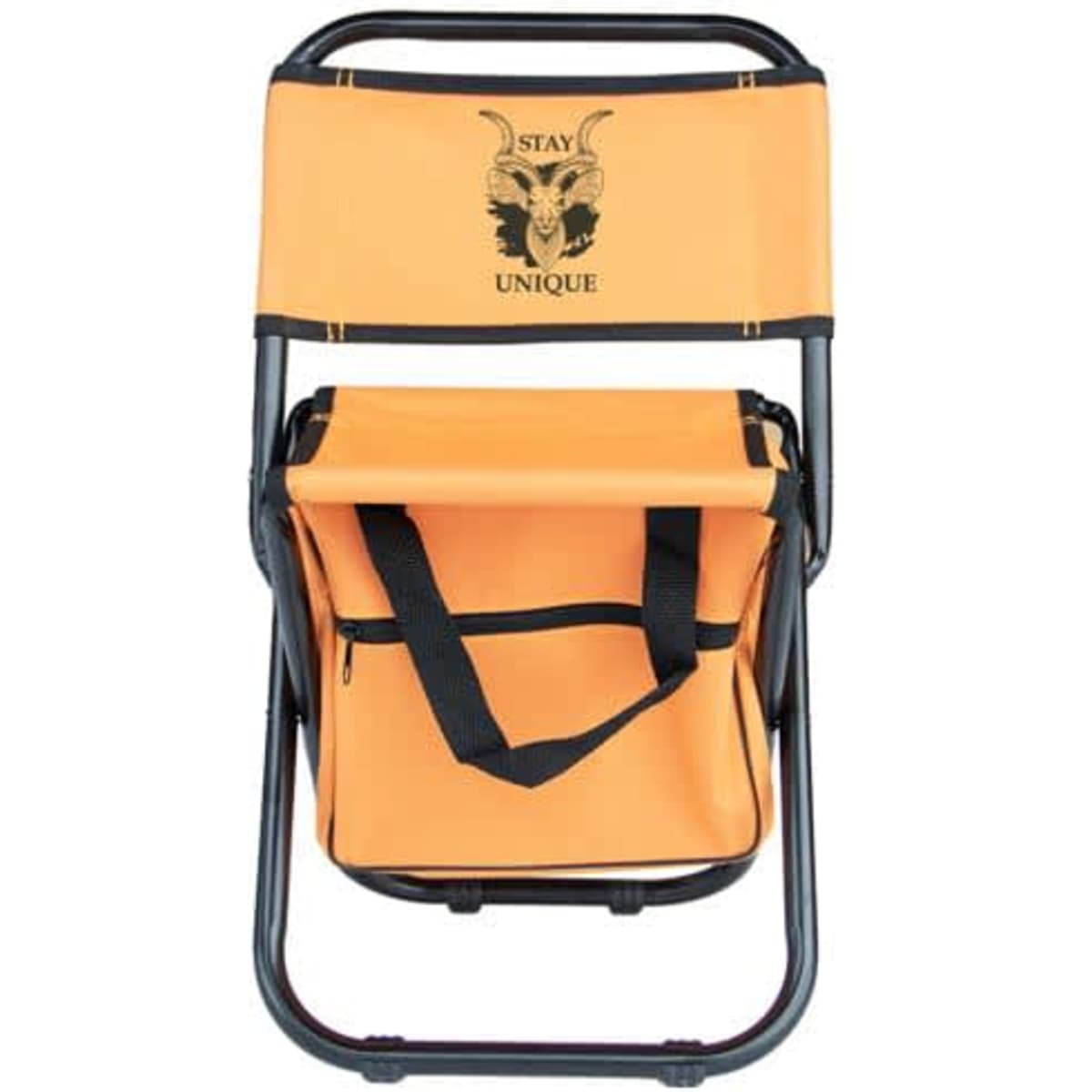 An orange outdoor folding stool with a black storage bag and a logo on the backrest.