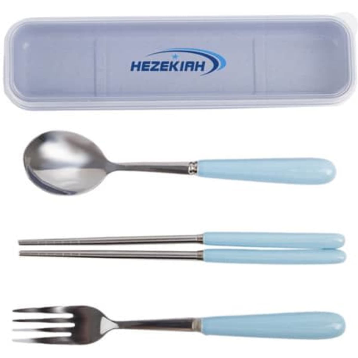 A stainless steel cutlery set with blue handles includes a spoon, fork, and chopsticks, housed in a travel case.