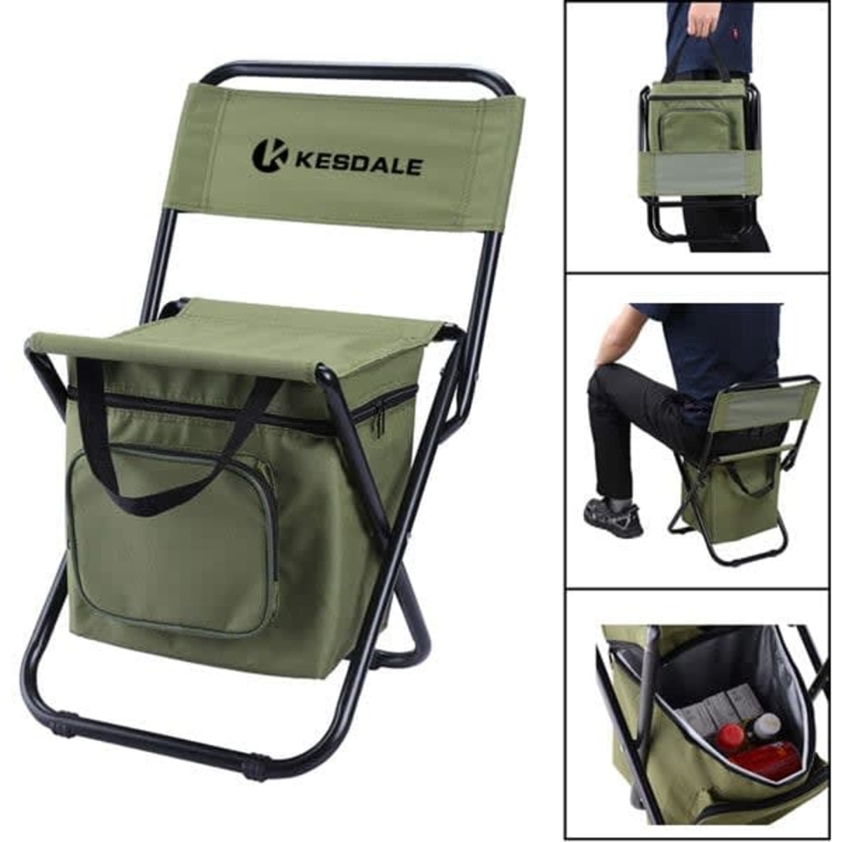 A folding stool chair in olive green with a cooler bag underneath and a logo. Suitable for leisure and outdoor use.