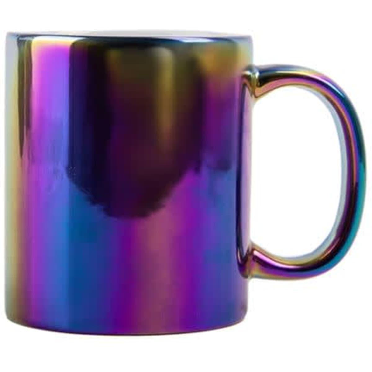 An iridescent ceramic mug with a rainbow finish and a handle. Features a logo on the surface.