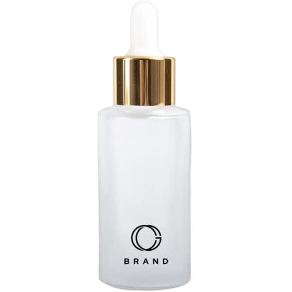 A frosted glass dropper bottle with a white body and a gold lid, featuring a logo.
