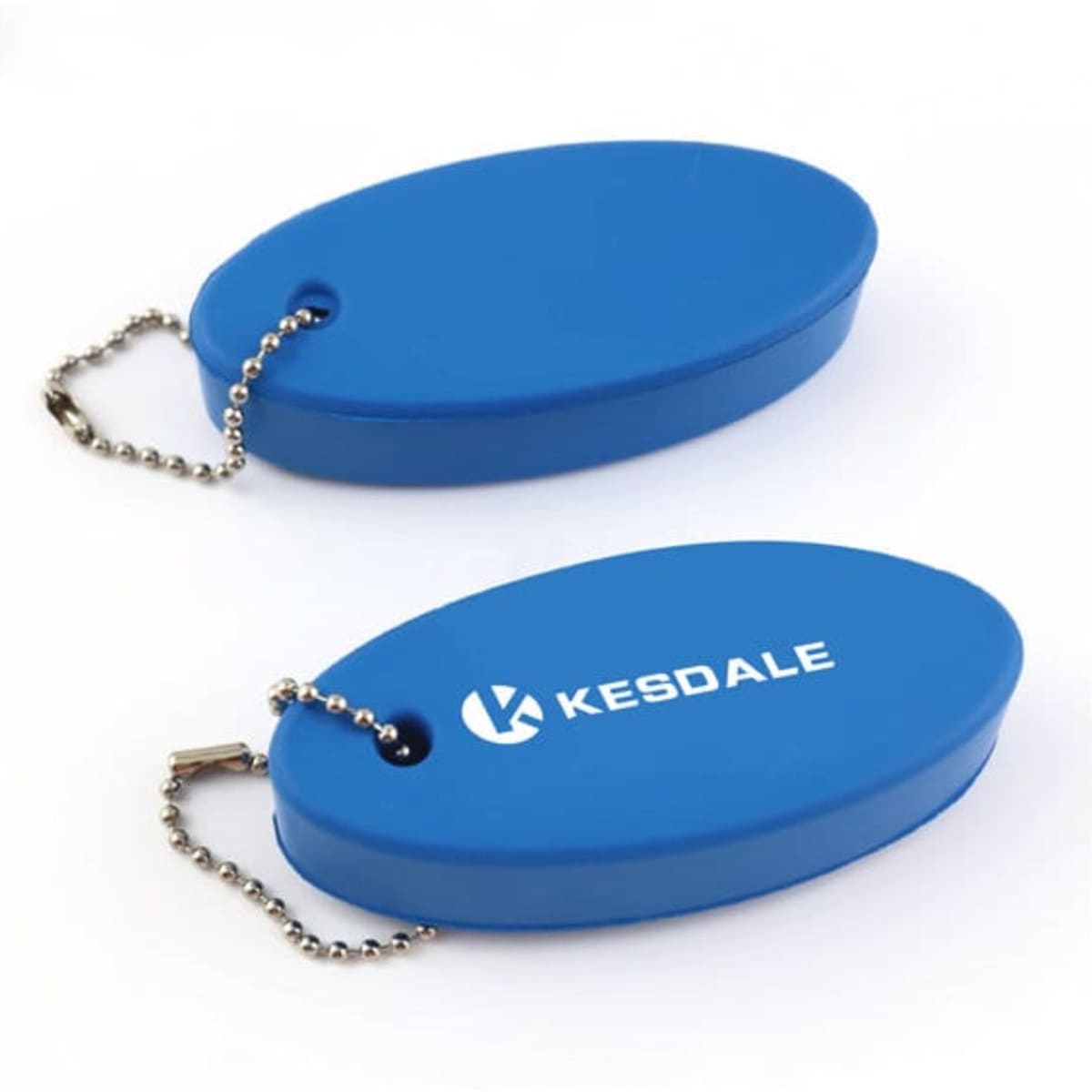 A blue oval floating keychain featuring a branding logo and attached to a chain.
