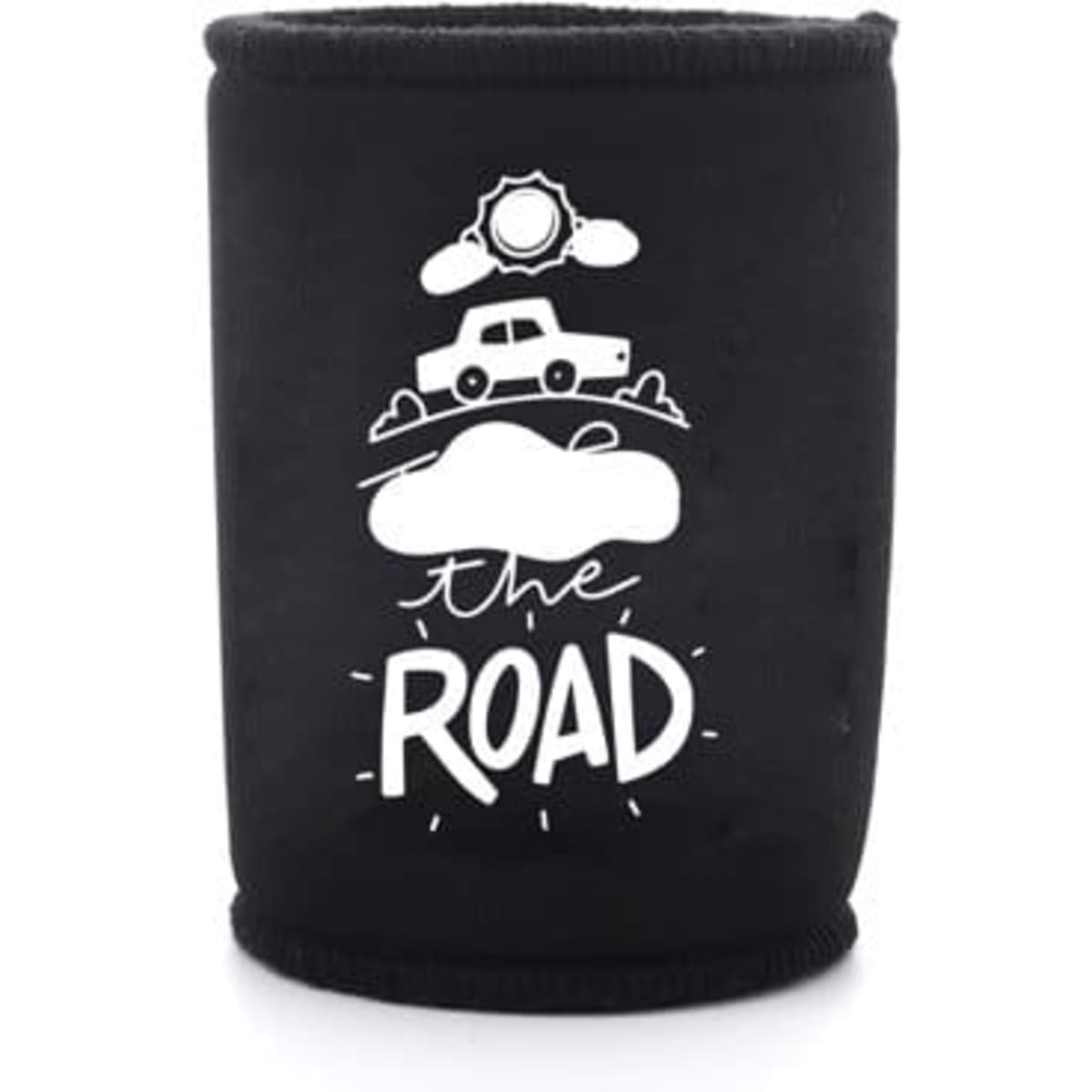 A drink bottle cooler in black neoprene featuring a graphic of a car and clouds, with a logo present.
