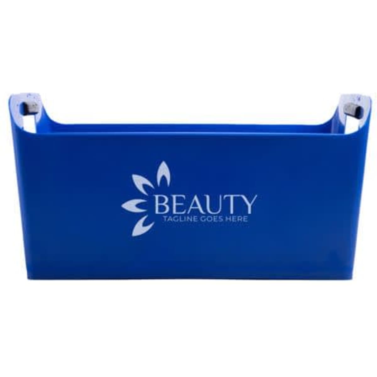 A blue square ice bucket with a logo, featuring a sleek design and sturdy handles.