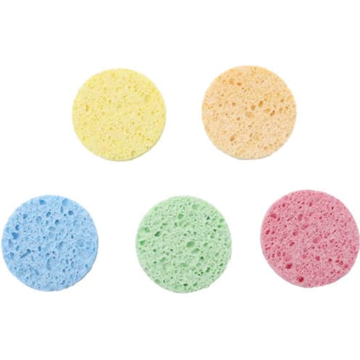 A set of five round facial sponges in yellow, orange, blue, green, and pink. Each sponge has a porous texture.