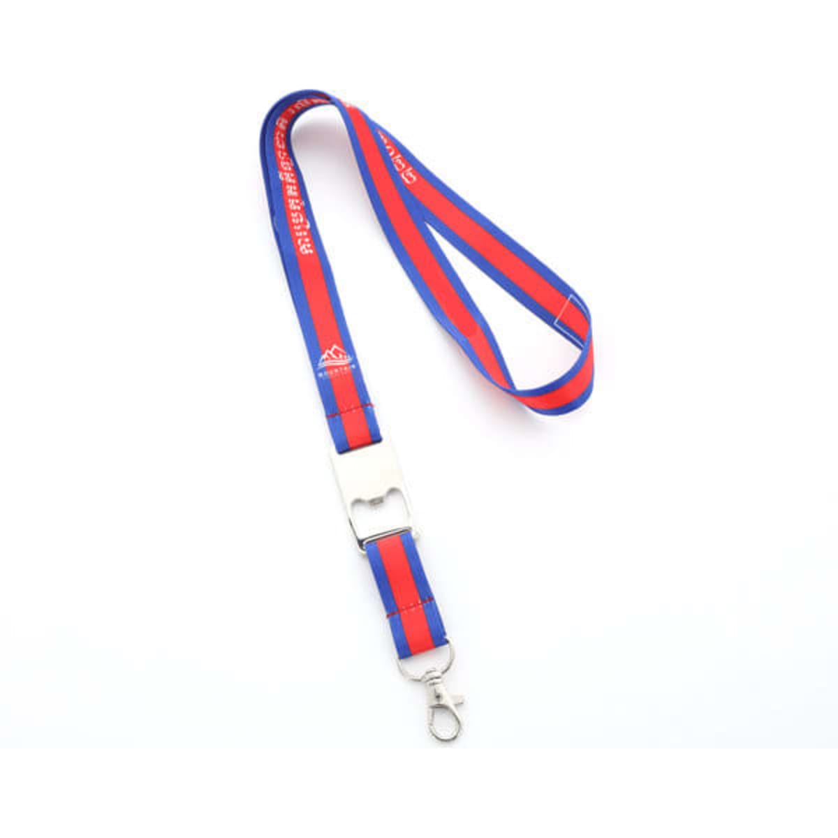 A drink bottle opener lanyard in red and blue, featuring a metal clip and branding along the length.