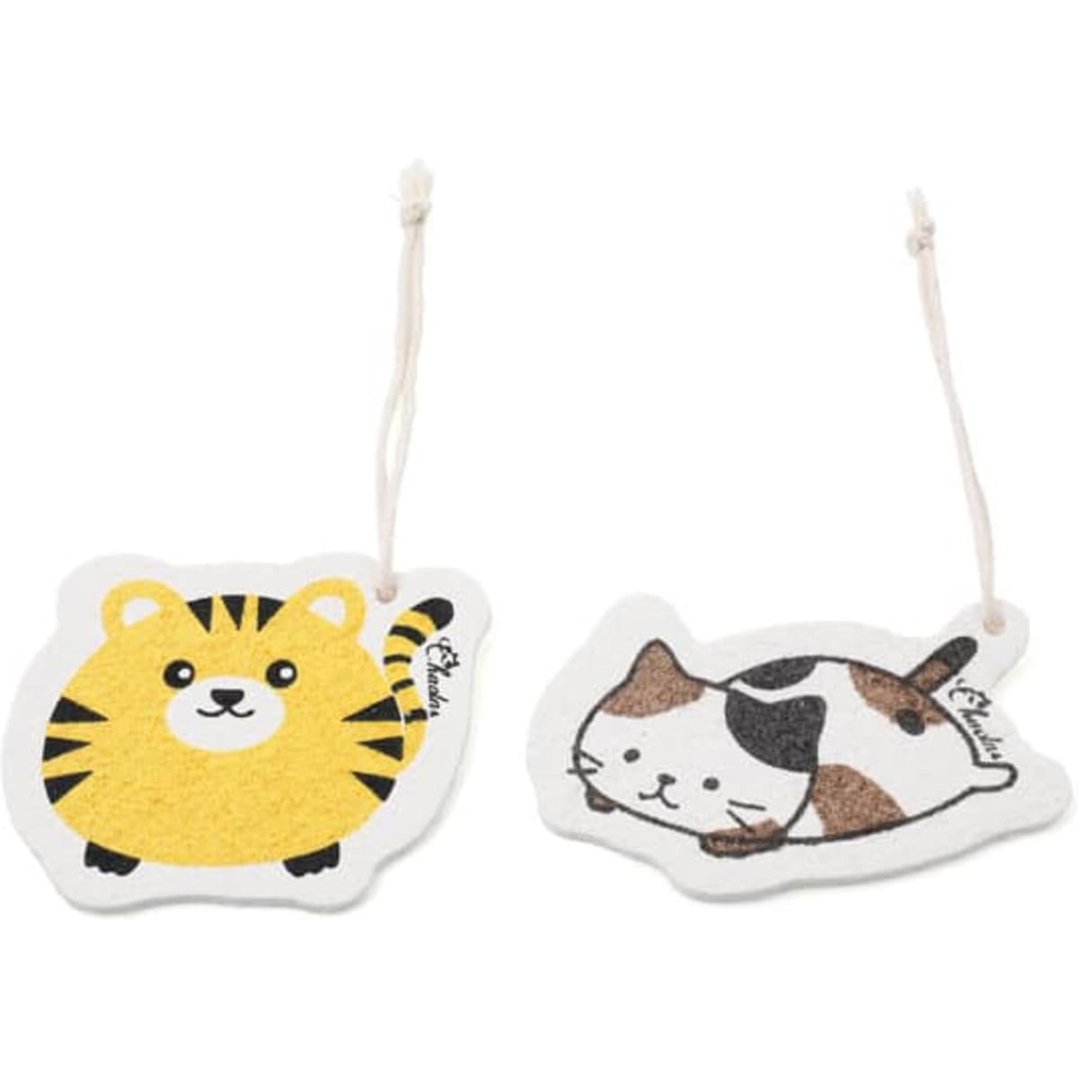 Two decorative air fresheners, one yellow tiger and one brown and white cat, each with hanging strings.