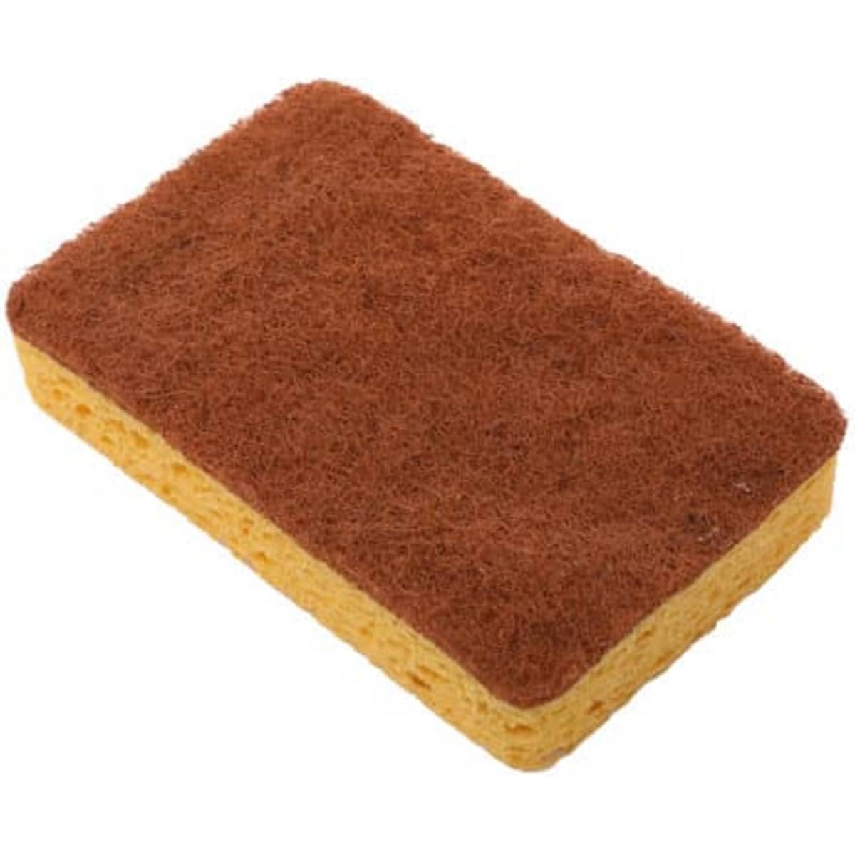 A rectangular sponge featuring a yellow base and a brown palm fibre scrubber on top, with a logo visible.