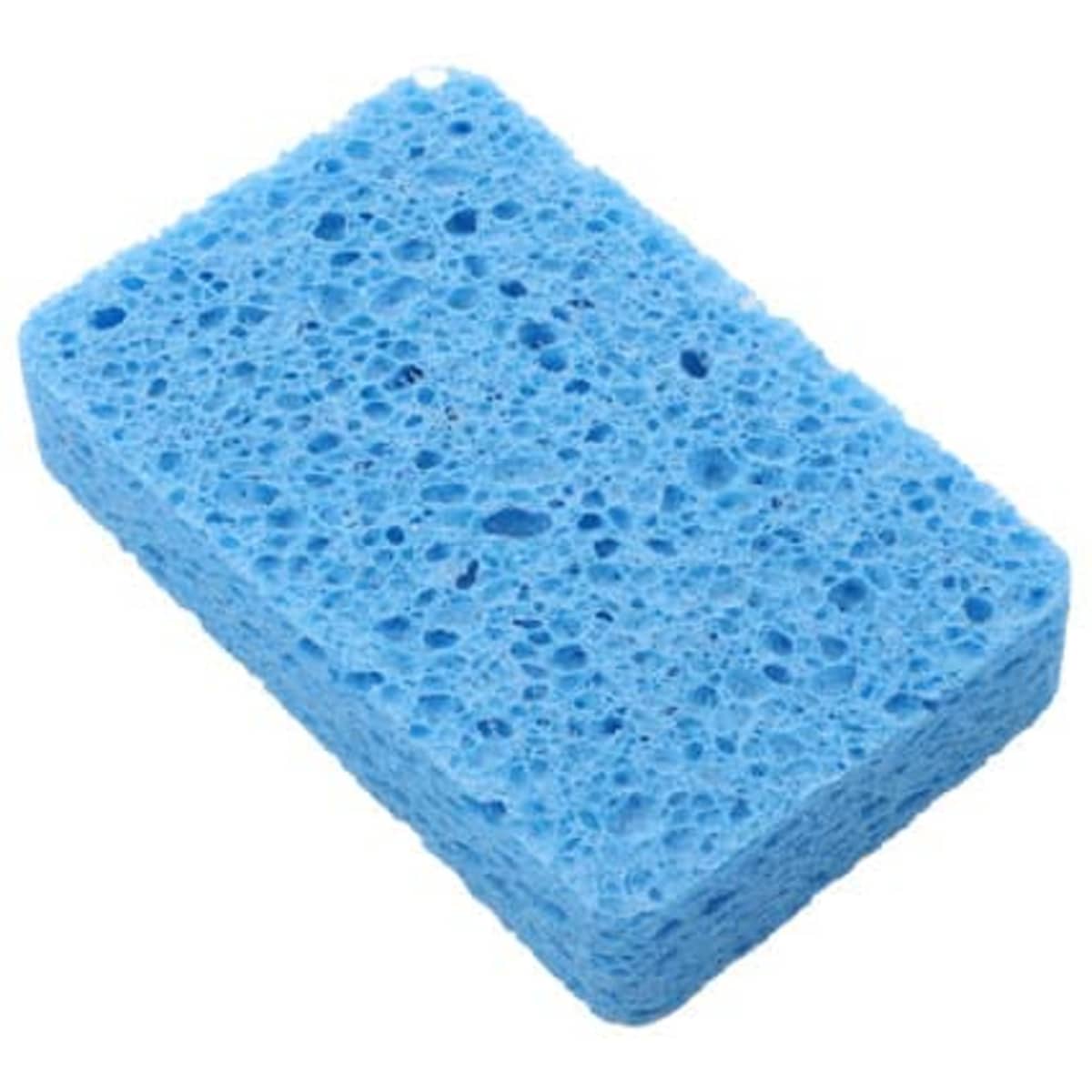 A blue wood pulp cleaning sponge with a textured surface, featuring a logo on one side.