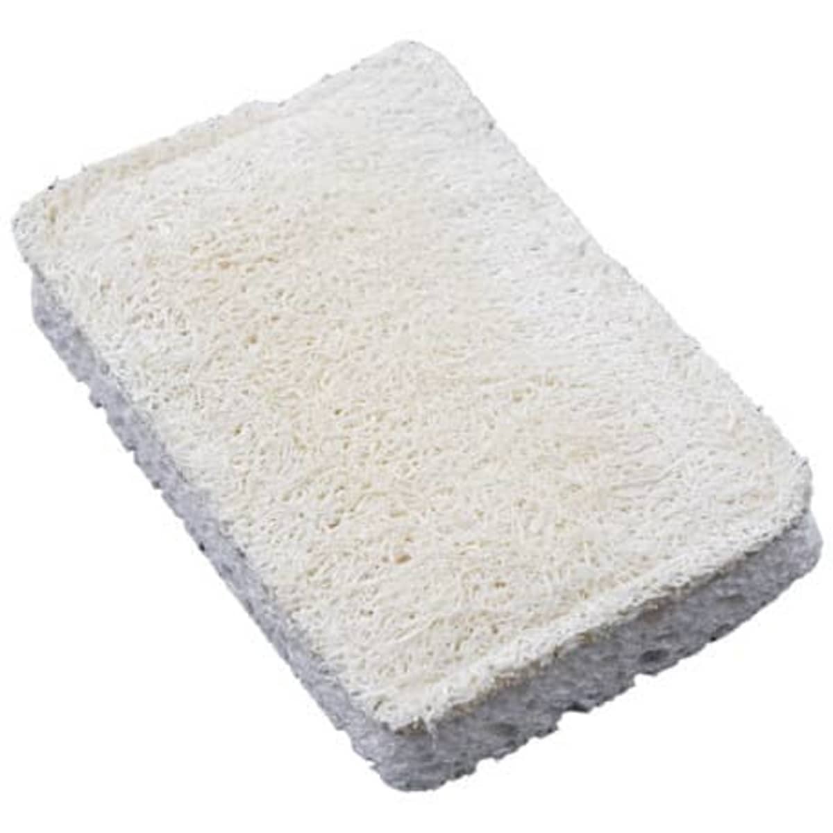 A wood pulp loofah sponge in a rectangular shape, featuring a natural beige colour and a soft texture.