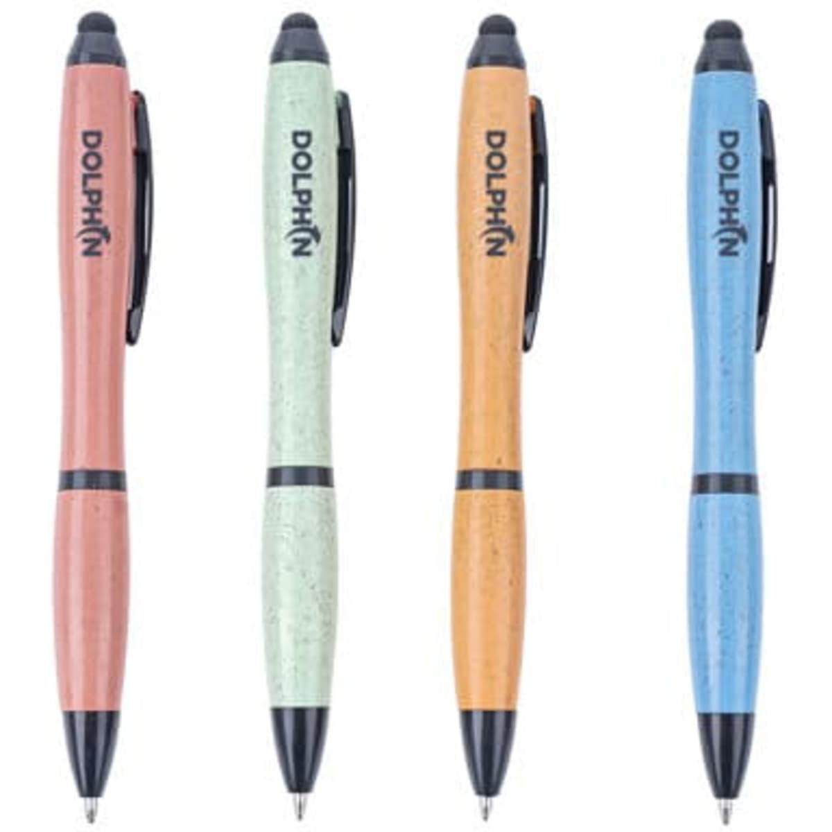 A set of four ballpoint pens in pink, green, orange, and blue, featuring a logo on each pen.
