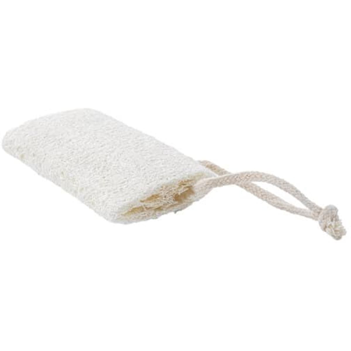 A natural loofah sponge in a light cream colour with a hanging rope for convenience.