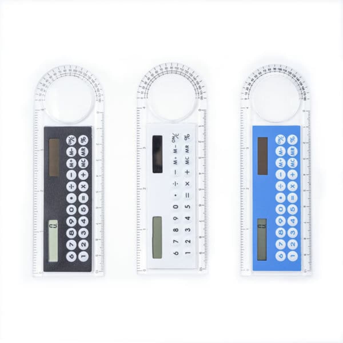 Three mini rulers with calculators in black, white, and blue, featuring numerical buttons and an integrated protractor.