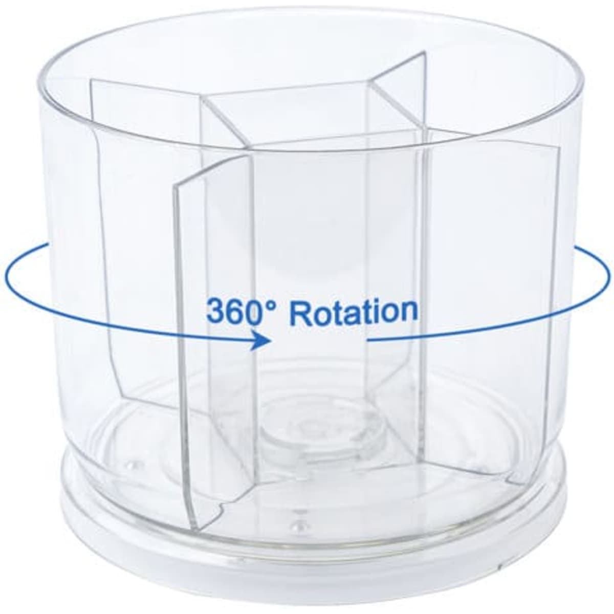 A transparent rotating pen holder with several sections for organising pens and office supplies.