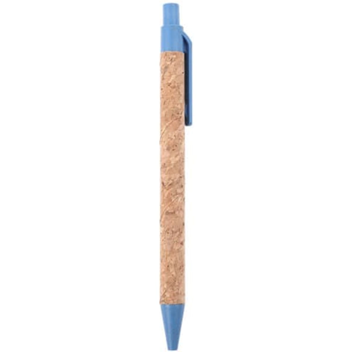 A cork pen with a blue plastic top and clip, featuring a natural cork body, suitable for eco-friendly use.