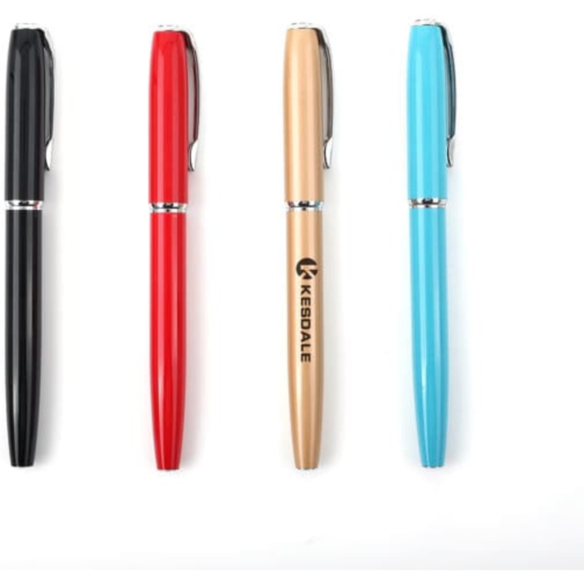 Heavy custom metal gel pens in black, red, gold, and blue, featuring a logo on one pen.
