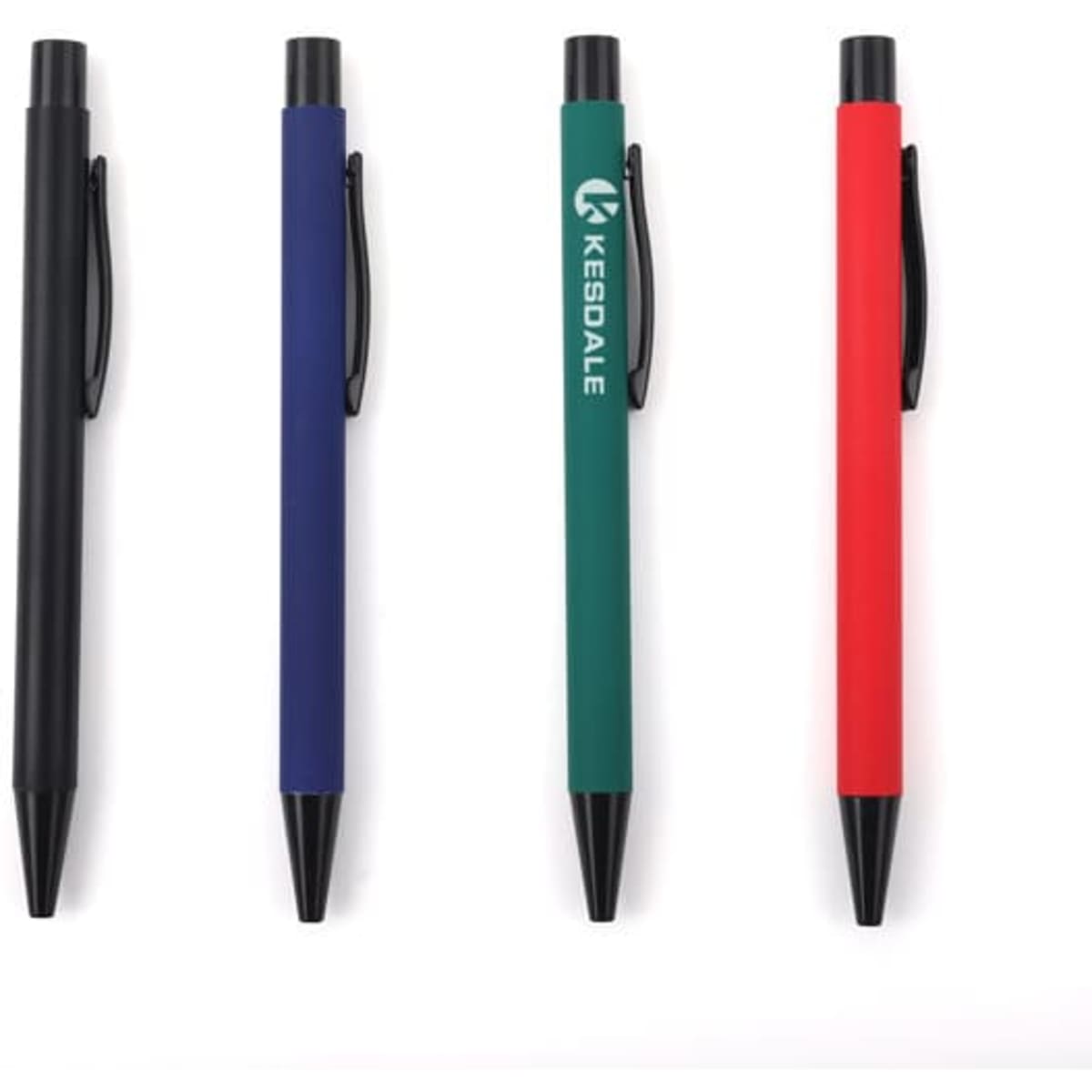 A collection of four retractable pens in black, navy, green, and red with rubber finishes and clips.