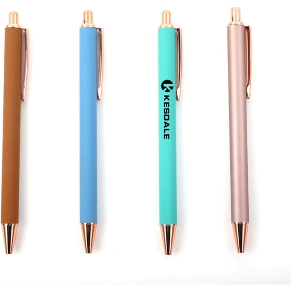 A set of four frosted metal ballpoint pens in brown, blue, teal, and rose gold, each with a clip and branding.