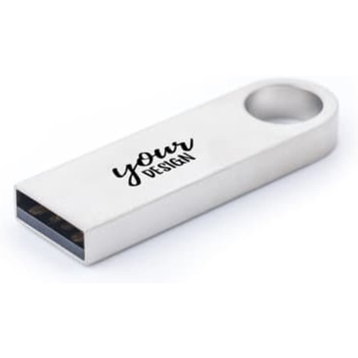 A silver 32GB laser mini metal USB stick with a rounded end and a logo displayed on its side.