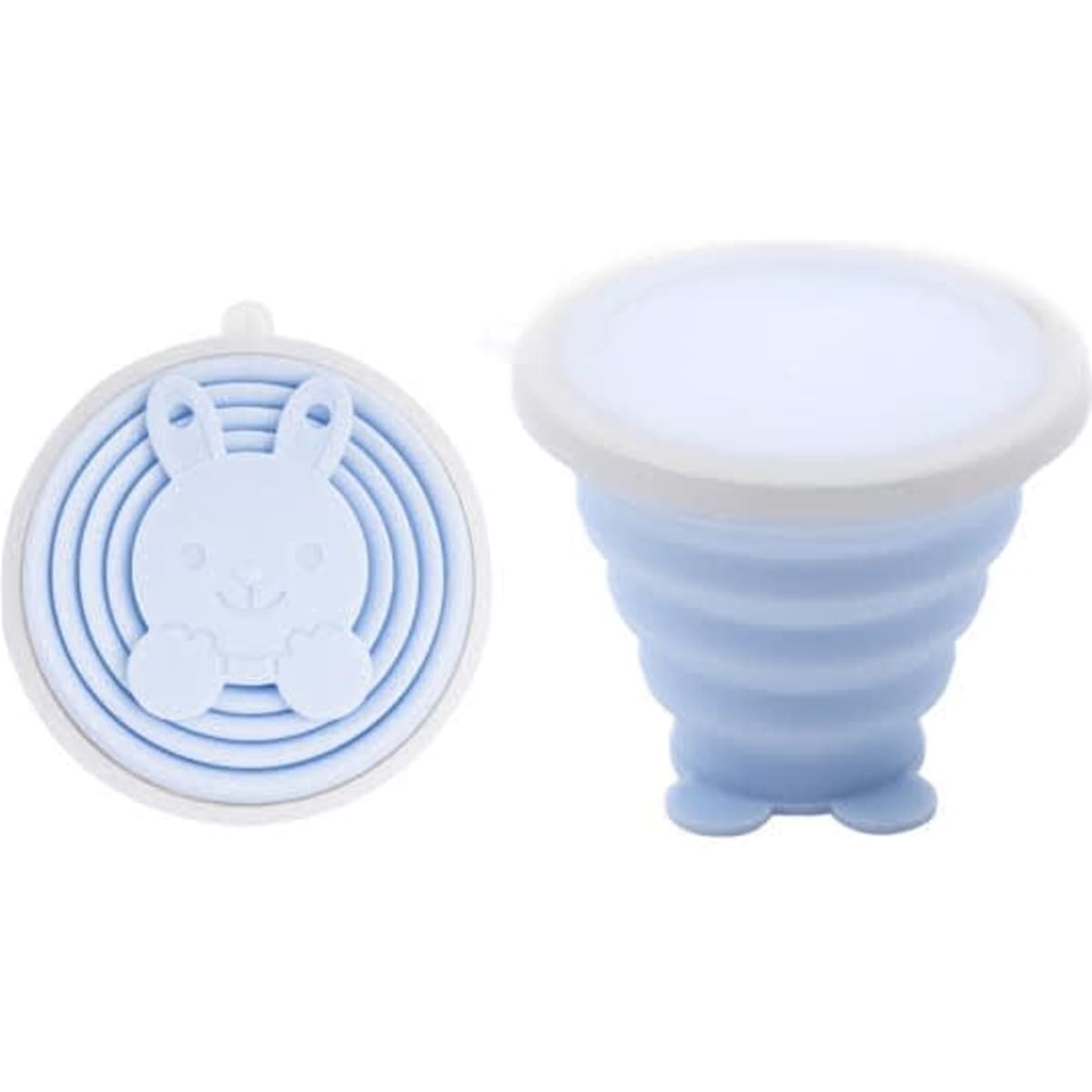 A collapsible silicone travel cup in light blue featuring a bunny design, with a smooth, round lid. It has a logo.