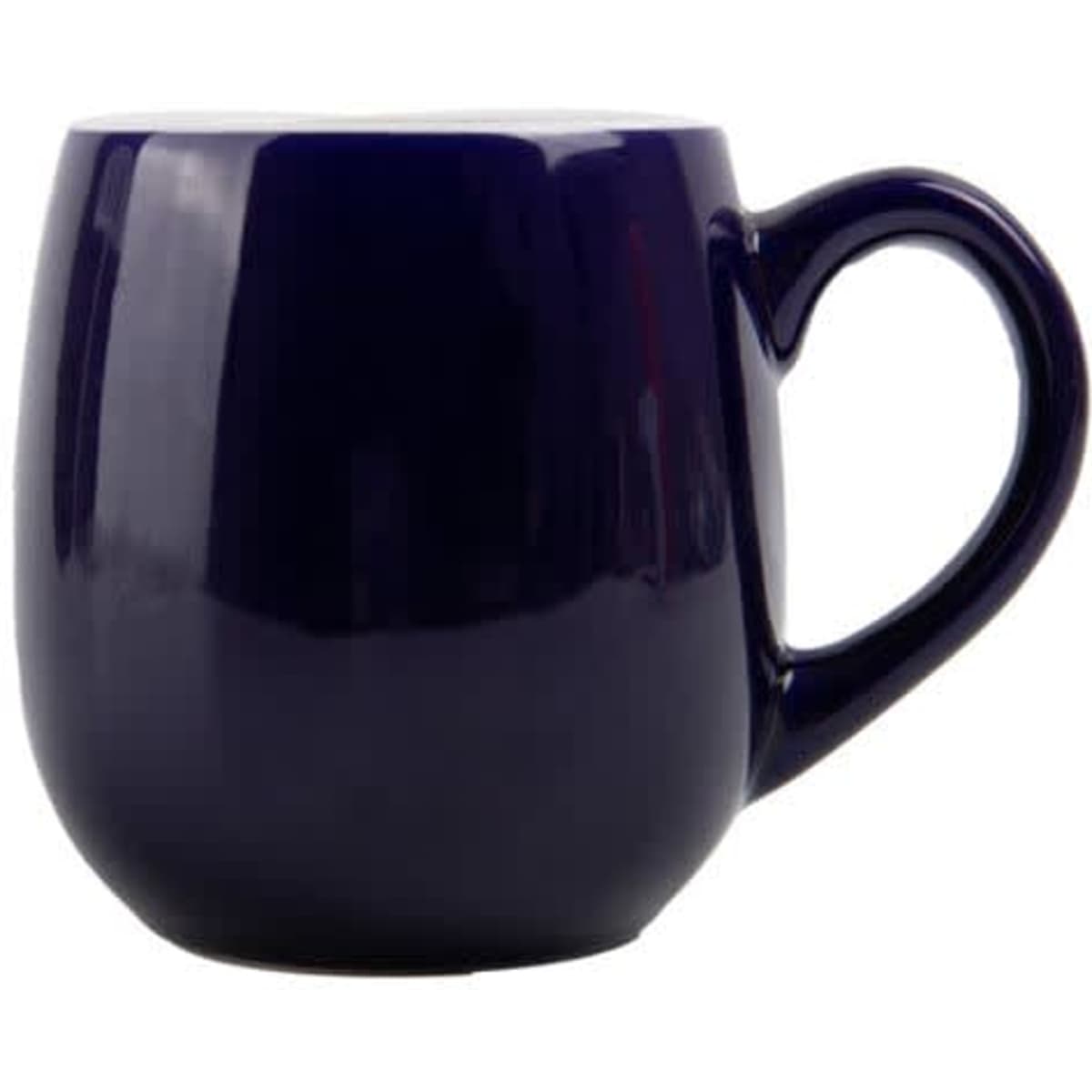 A round 13 oz. ceramic coffee cup in a deep blue colour with a curved handle and a glossy finish.