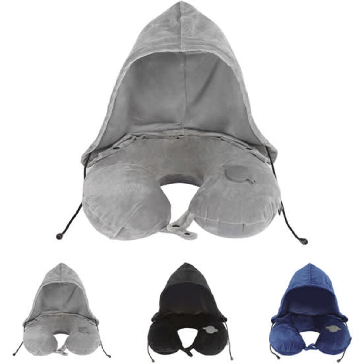 A travel neck pillow with a hoodie in grey, black, and navy, featuring a logo on the front.