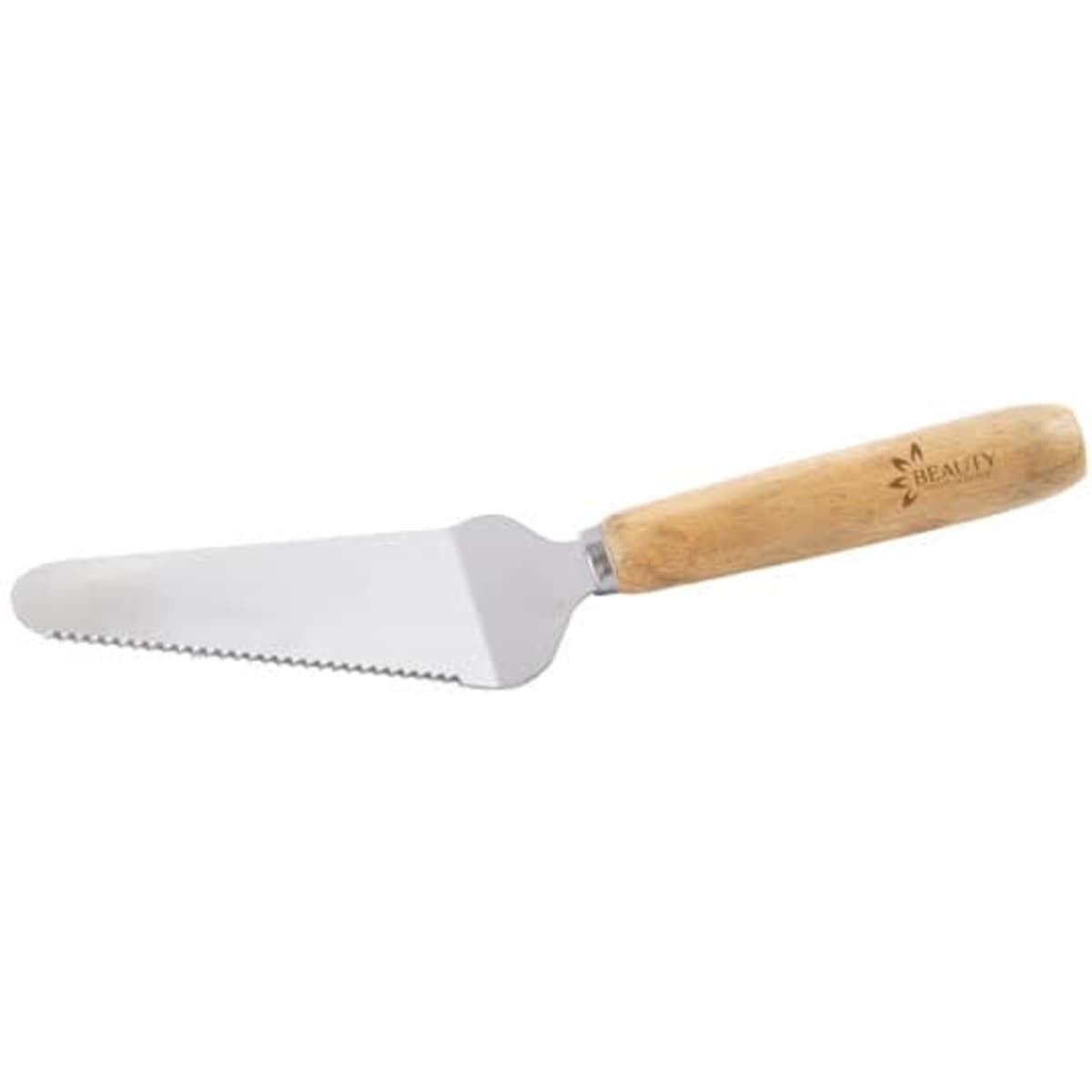 A triangle pizza shovel with a stainless steel blade and a wooden handle, featuring a logo on the handle.