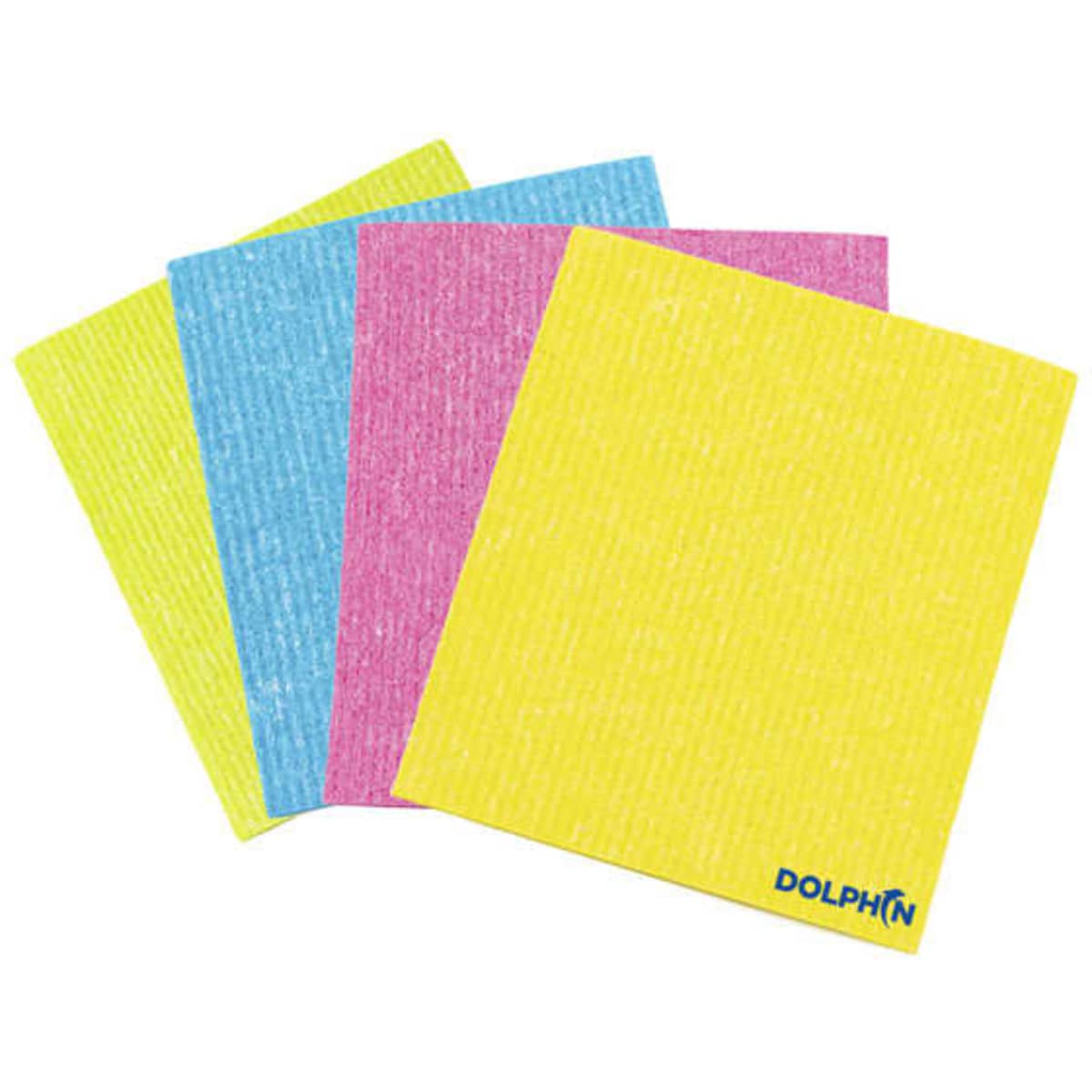 Four eco-friendly dishcloths in yellow, pink, blue, and green, featuring a logo in the bottom corner.