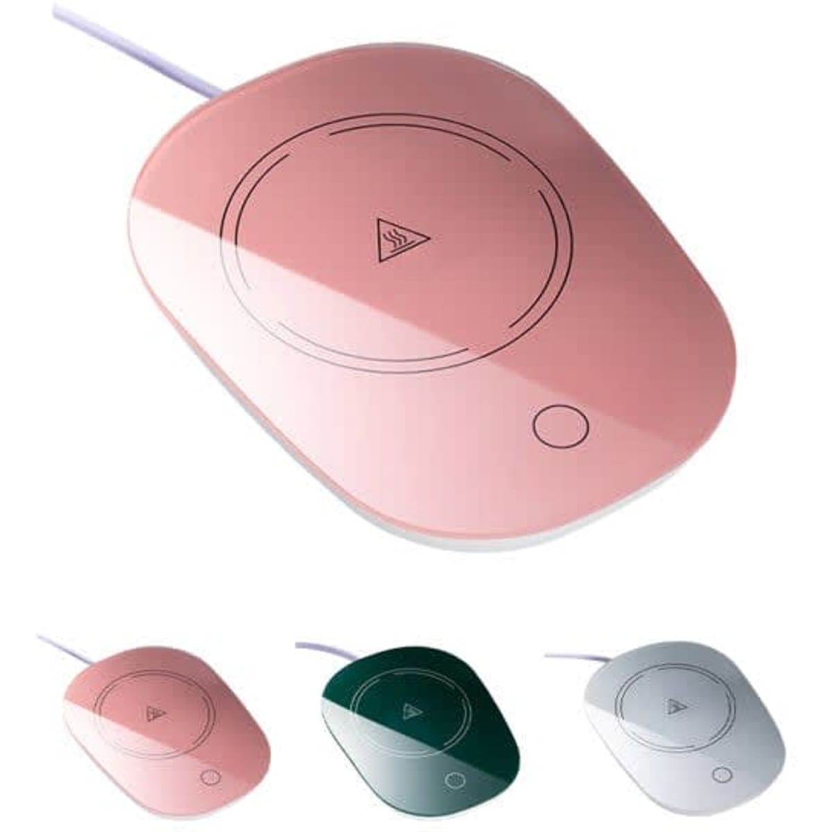 A pink coffee mug warmer with a minimalist design, featuring a touch control button and a smooth finish.