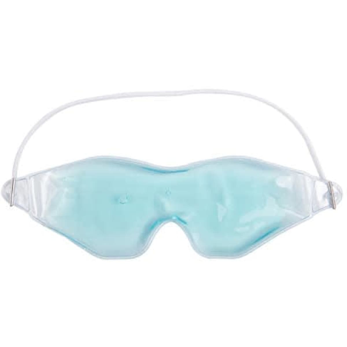 A cooling gel eye mask in transparent material with a light blue gel interior and an elastic strap.