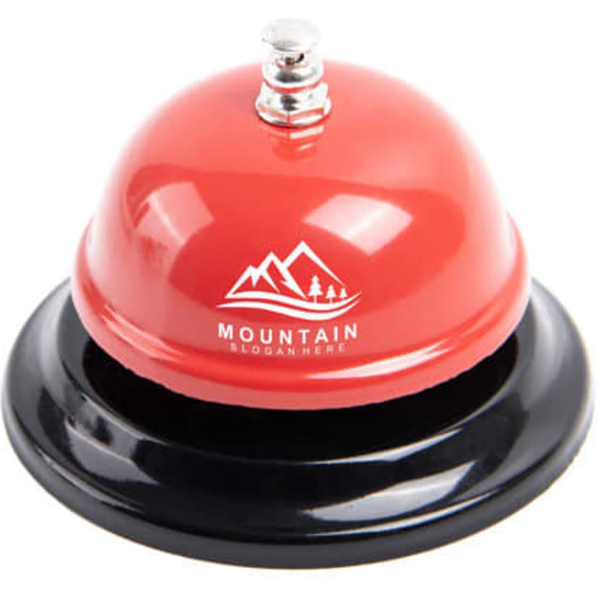 A red call bell on a black base, featuring a logo on the front. Suitable for novelty use.