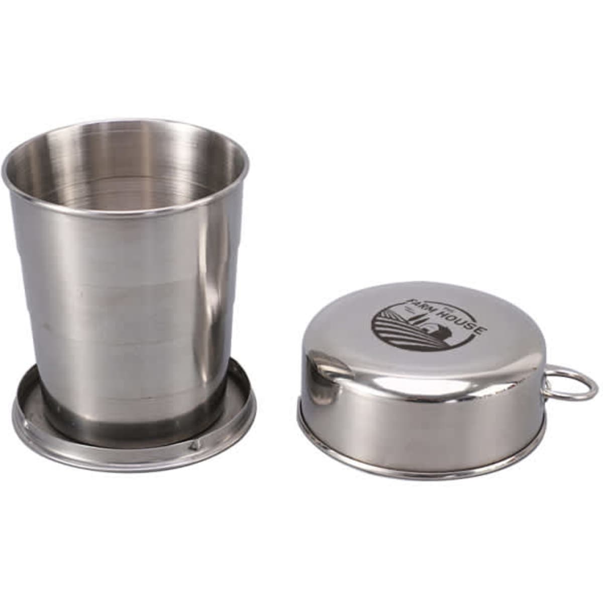 A stainless steel camping folding cup with a matching lid, featuring a logo on the top.