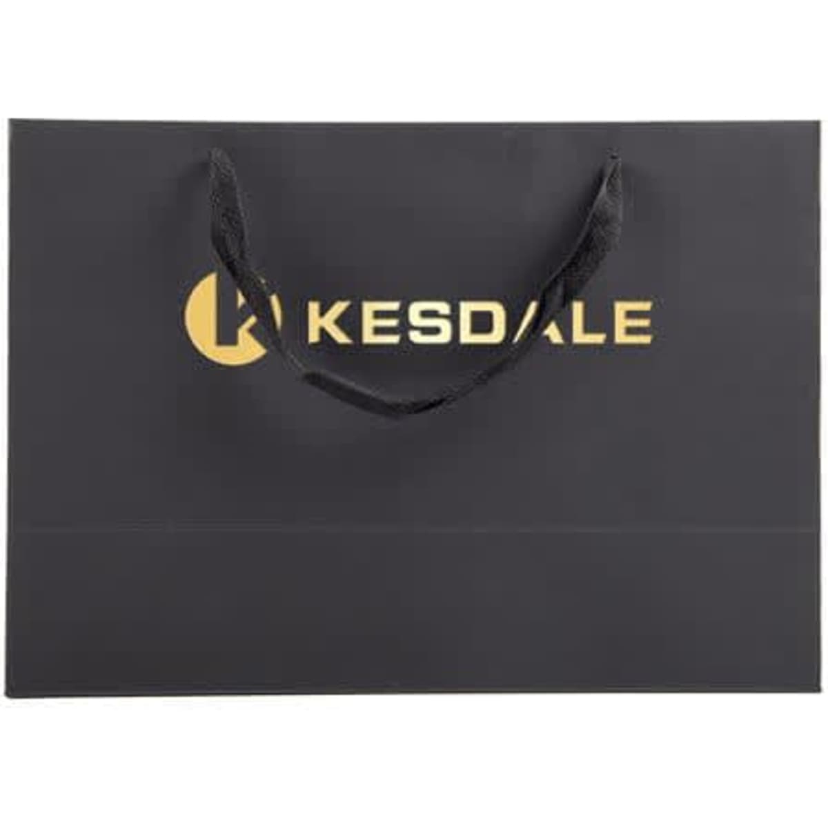 A black paper gift bag with a logo and black handles. Perfect for various gifting occasions.
