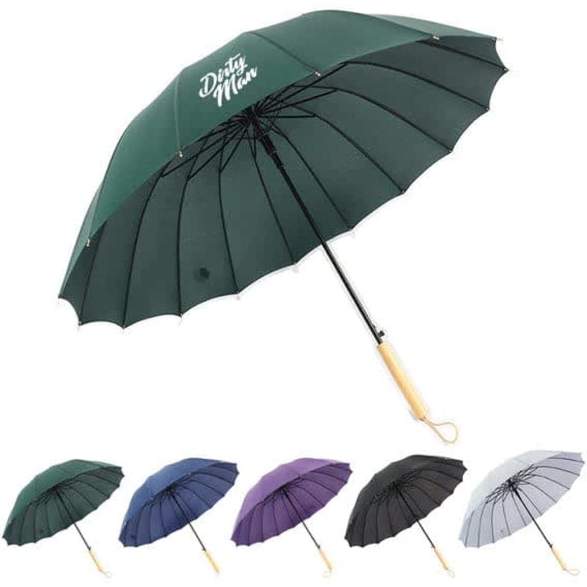 A custom umbrella with a long wooden handle in dark green, featuring a logo, displayed alongside four other colours.
