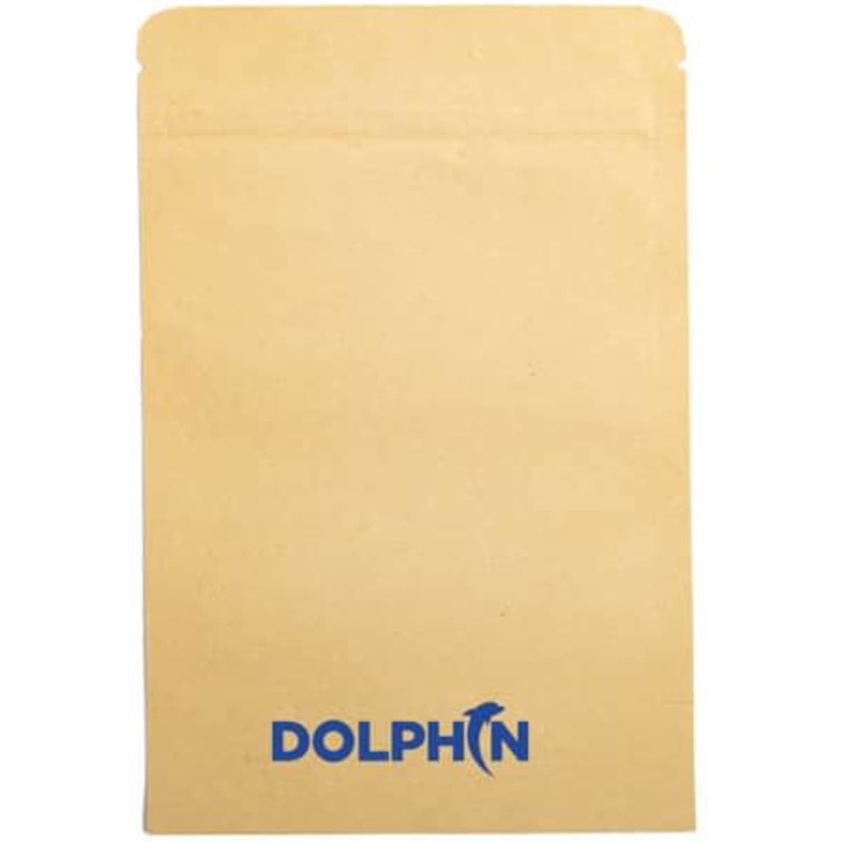 A custom kraft stand-up pouch in brown with an aluminium foil lining and a logo at the bottom.