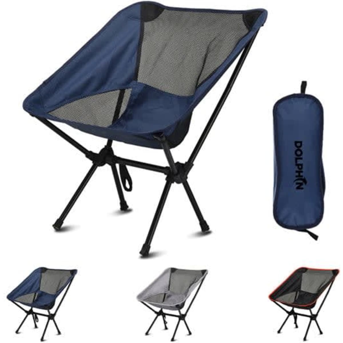 A detachable moon chair in navy blue, featuring a mesh seat and metal frame, accompanied by a matching carrying bag.