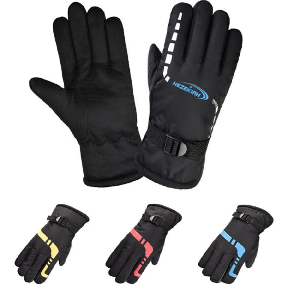 Windproof warm gloves in black with coloured accents in yellow, red, and blue. Features a secure wrist strap and logo branding.