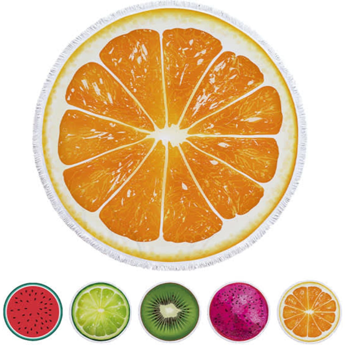 A round beach towel designed like an orange slice, featuring vibrant orange and white colours with a fringed edge.