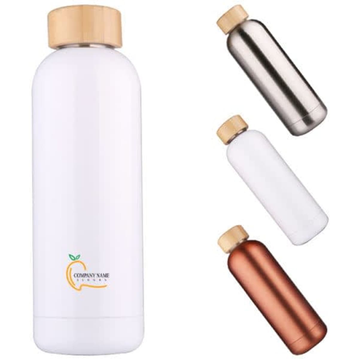 A drink bottle featuring a small mouth, white body, bamboo lid, and various metallic finishes in the background.