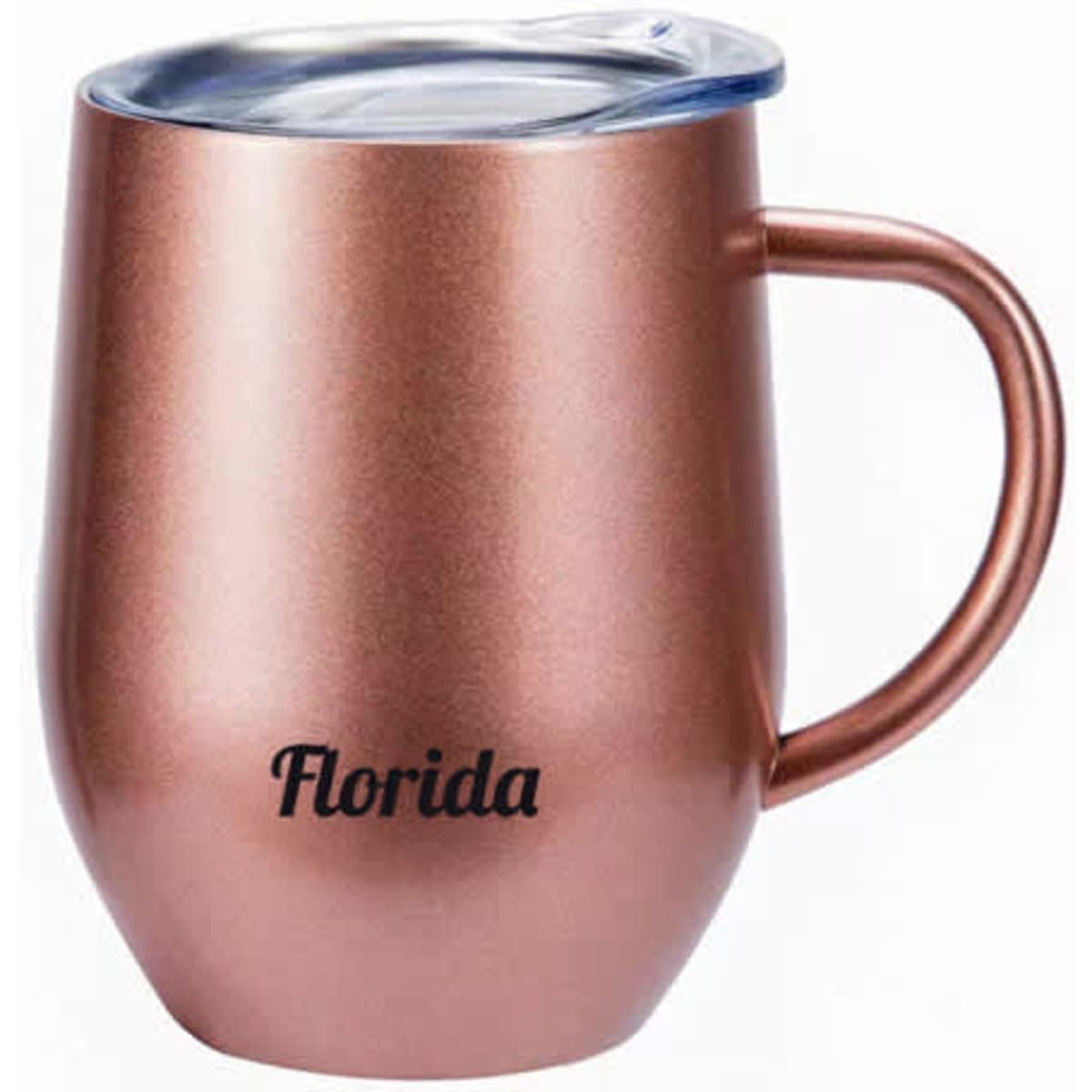 A drink bottle featuring a rose gold stainless steel tumbler with a handle and a blue lid, branded with a logo.