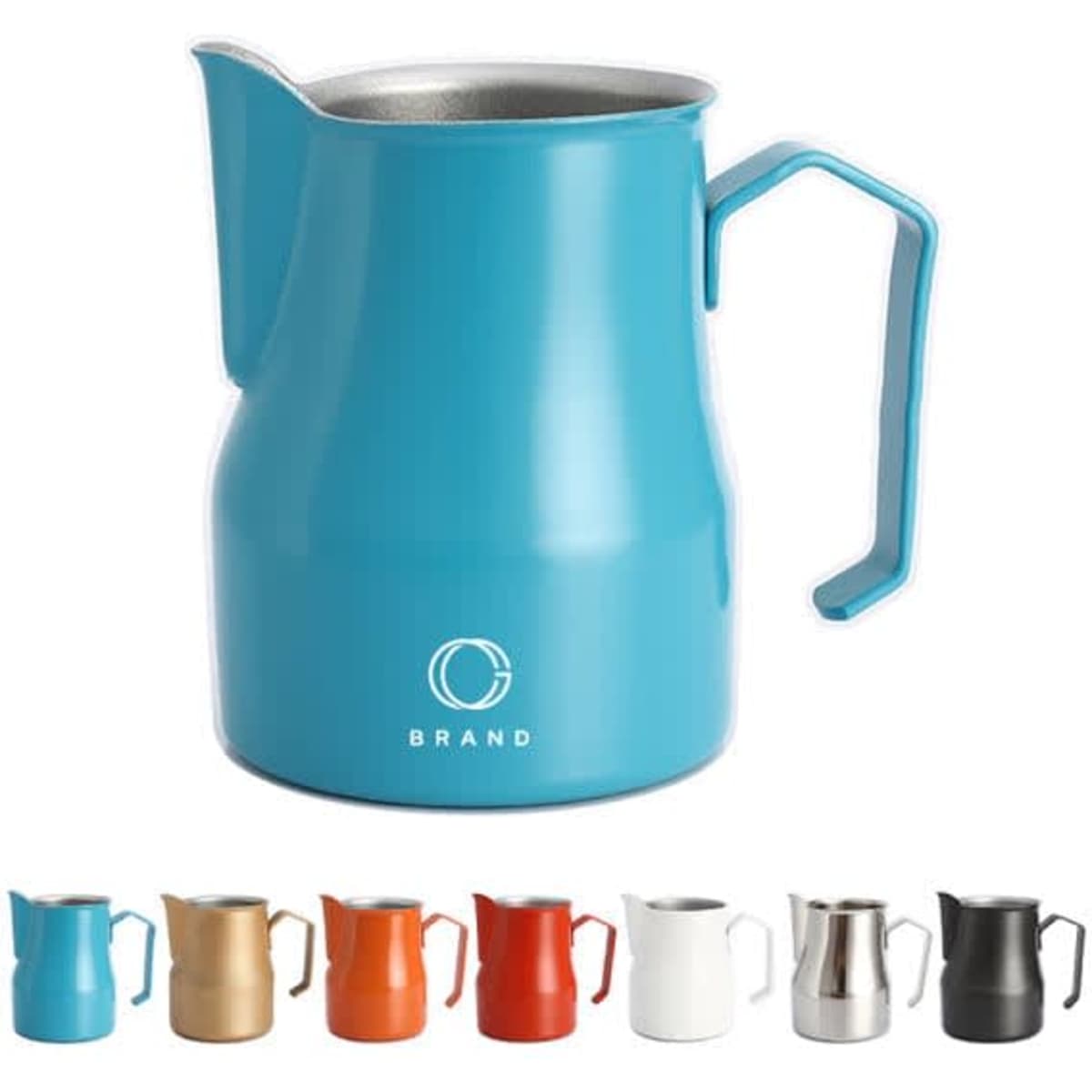 A stainless steel milk frothing pitcher in turquoise with a handle and a logo, alongside various coloured options.